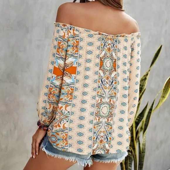 Boho Floral Print Off Shoulder Blouse - Picture 9 of 13